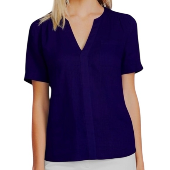 Vince Camuto Tops - Vince Camuto Linen Navy Blue Pocket Short Sleeve V Neck Blouse